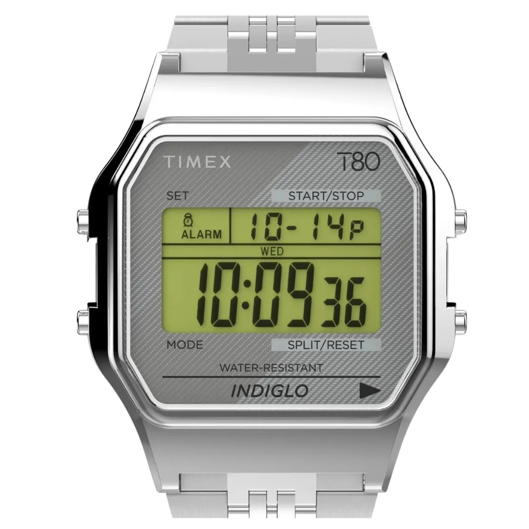 TIMEX 80 Tonneau 34mm Grey Dial Digital Watch with stainless steel bracelet and retro digital display for men and women.
