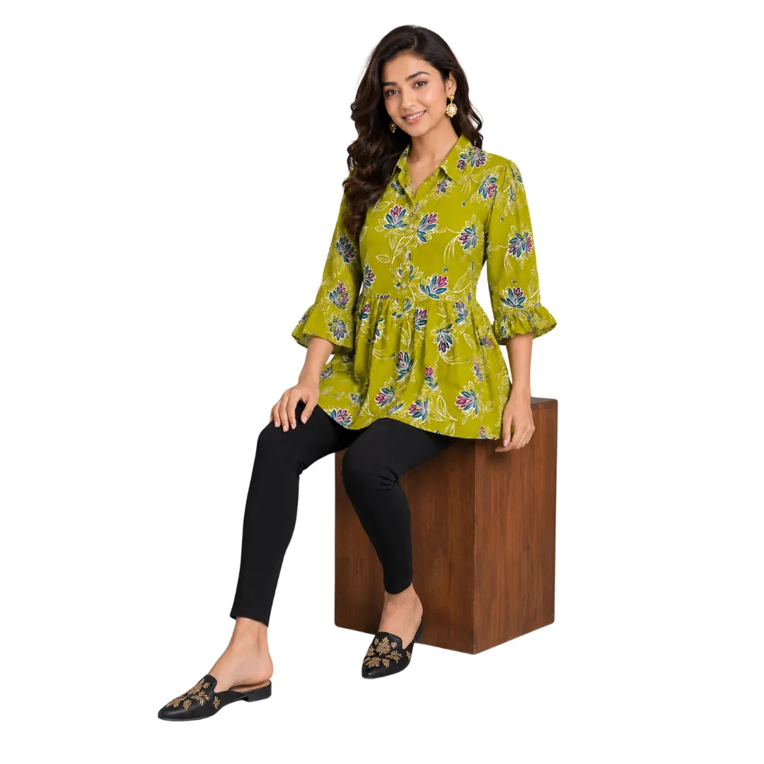 RIBNISH Casual Balloon Sleeve Printed Floral Print Women Multicolor Top for Women – Stylish Regular Fit Casual Wear