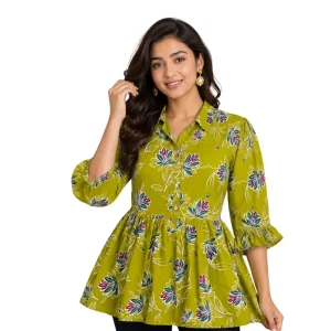 RIBNISH Casual Balloon Sleeve Printed Floral Print Women Multicolor Top for Women – Stylish Regular Fit Casual Wear